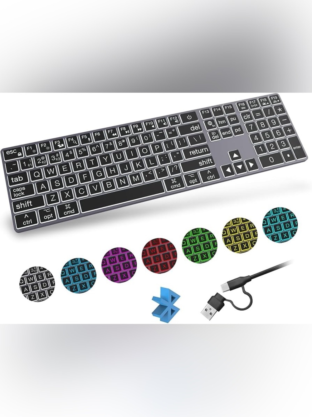 POWZAN Large Print Aluminum Bluetooth Keyboard for Mac / Ipad - 7 Backlit colors